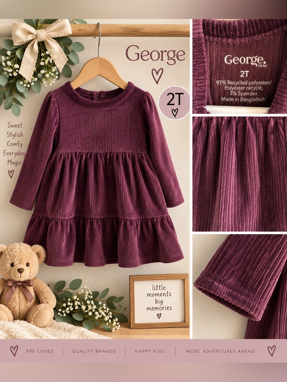 George Girls 2T Plum Purple Corduroy Tiered Long Sleeve Dress